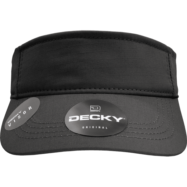 A black visor with a wide, curved brim and a logo, featuring a smooth fabric design.