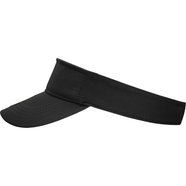 A black visor with a wide brim and an adjustable band, featuring a logo on the front.