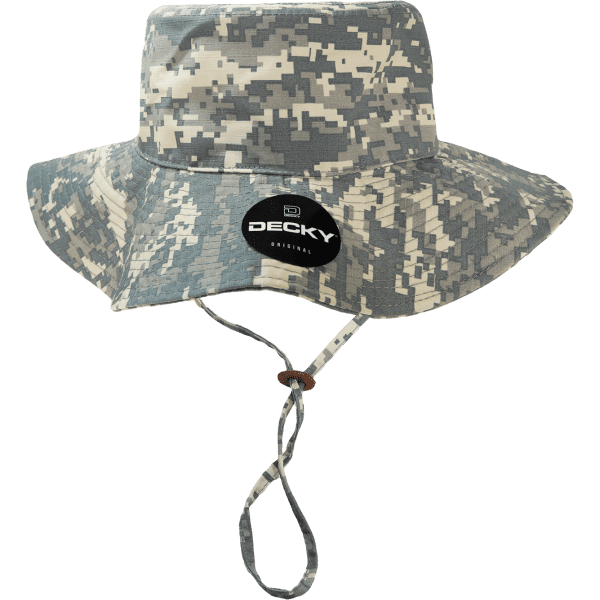 A bucket hat in a grey camouflage pattern with a chin strap and a logo on the front.