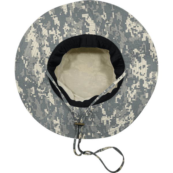 A structured grey camouflage hat with a wide brim and internal lining, featuring an adjustable chin strap.