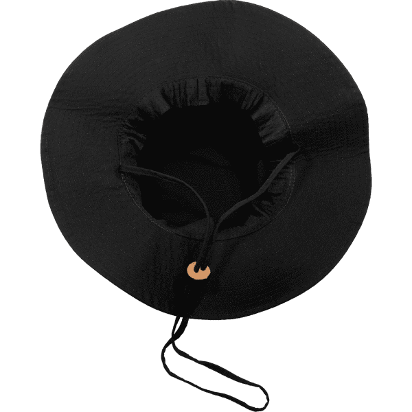 A black structured hat with an adjustable drawstring and a circular shape. It features a logo.
