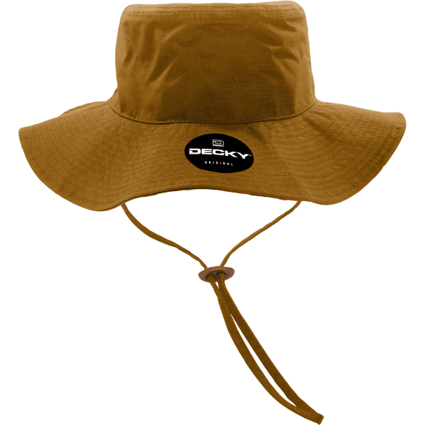 A brown bucket hat with a wide brim and an adjustable chin strap, featuring a branding logo.