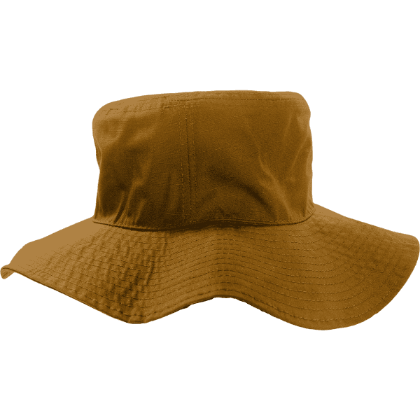 A structured boonie hat in a warm brown colour with a wide brim and a soft fabric texture. Features a logo.