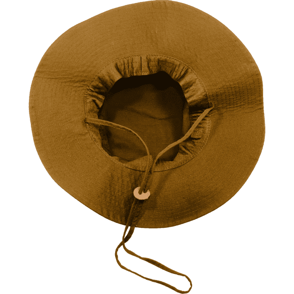 A structured brown hat featuring a wide brim and an adjustable drawstring for secure fitting.