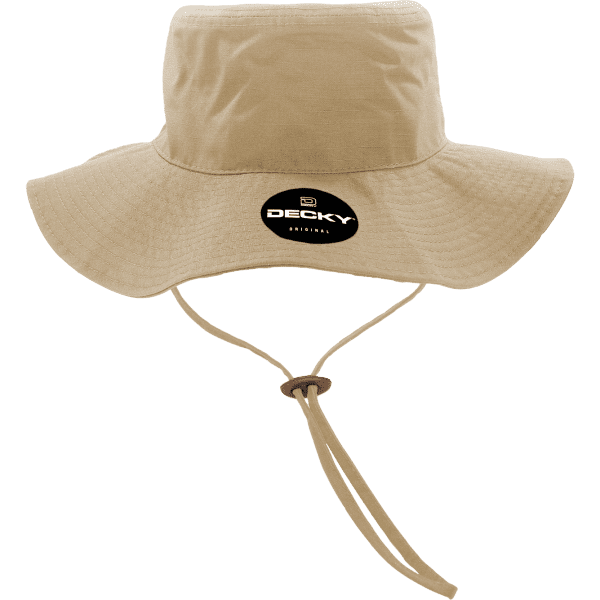 A beige bucket hat with a wide brim and a chin strap, featuring a logo on the front.