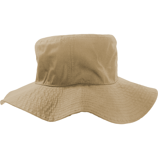 A structured khaki hat with a wide brim and a deep, cylindrical crown. It features a branding logo.