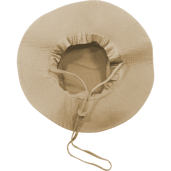A structured boonie hat in a light tan colour, featuring a wide brim and adjustable cord.