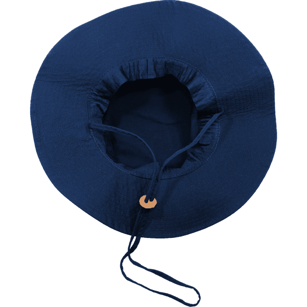 A structured navy blue hat featuring a drawstring and a round, shallow crown design. The hat has a logo.