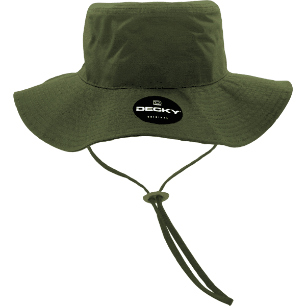 A green bucket hat with a wide brim and a chin strap, featuring a circular logo.