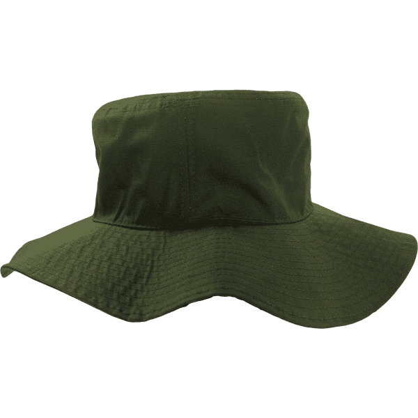 A structured olive green bucket hat with a wide brim and a flat crown. It features a logo on the side.