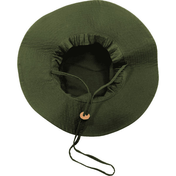 A structured green hat with a drawstring, featuring an inner lining. It also has a logo.