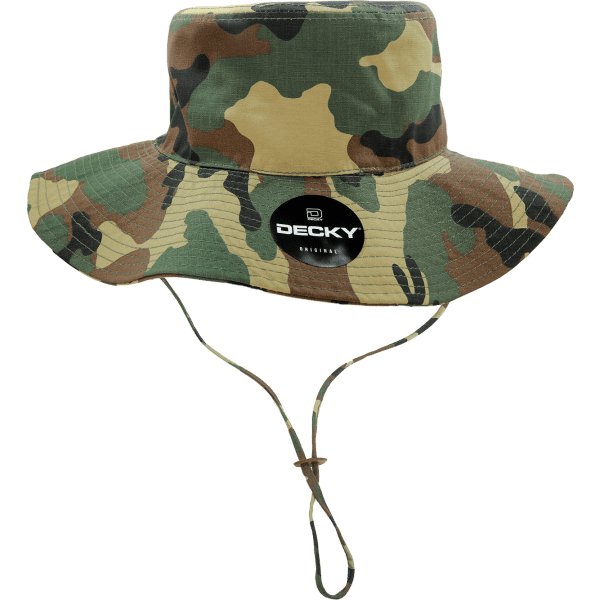 A camouflage bucket hat with a wide brim and a chin strap, featuring a logo on the front.