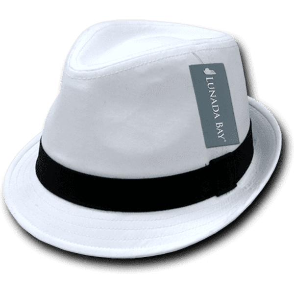 A white fedora hat with a black band and a logo tag attached.