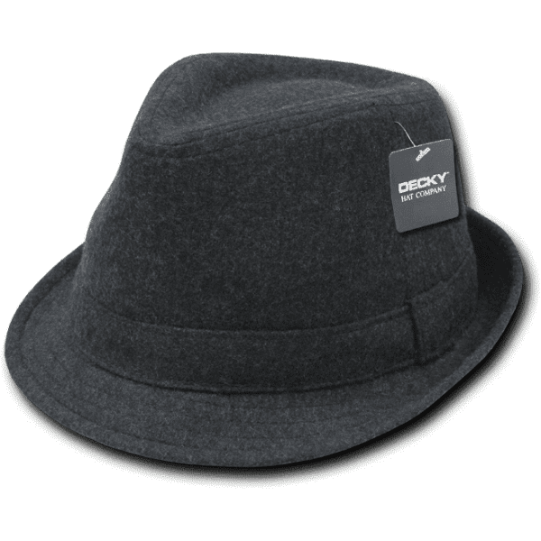 A grey Melton fedora hat with a branded tag attached. The hat features a classic design and a soft texture.