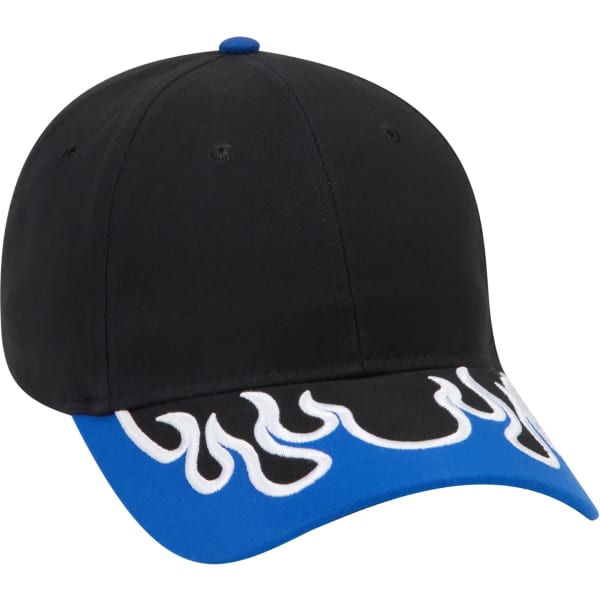 A black baseball cap with a blue brim featuring flame designs and a logo on the front.