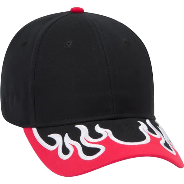 A black baseball cap with a red peak featuring flame designs and a logo. 