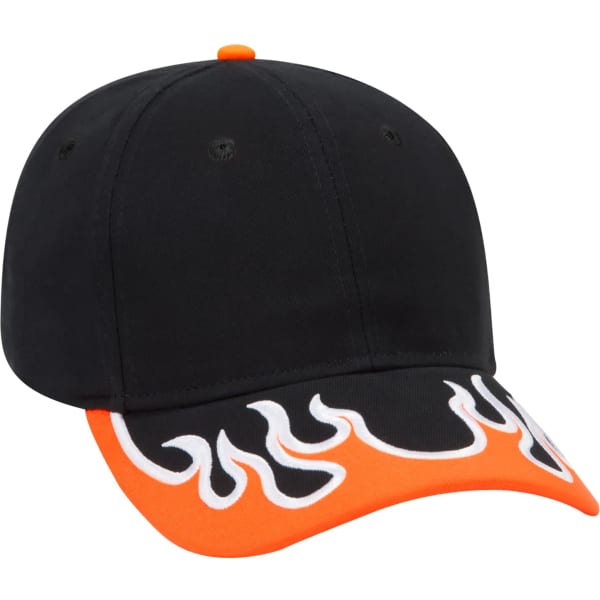 A black baseball cap with an orange brim and flame design, featuring a logo on the front.