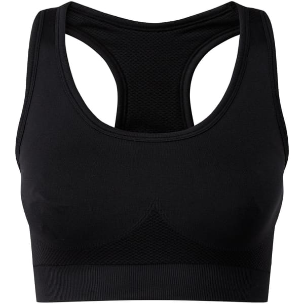 A black sports bra featuring a seamless design and a mesh racerback. It has a branding logo on the front.