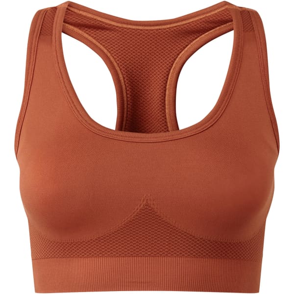 A seamless sports bra in a rich terracotta colour, featuring a mesh back design and a logo.