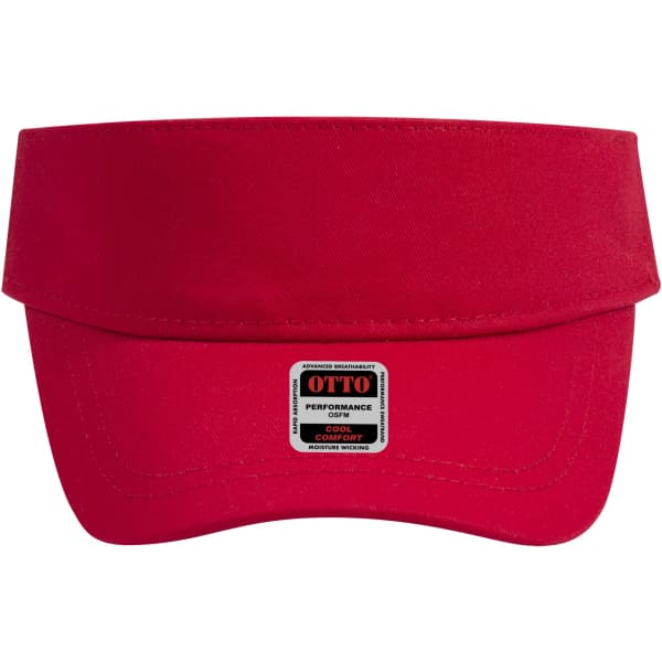 A red sun visor with a wide brim and a logo label on the front.