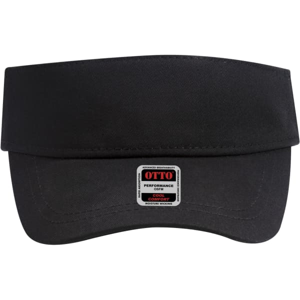 A black sun visor with a wide brim and a logo tag. Designed for UPF 50+ sun protection.
