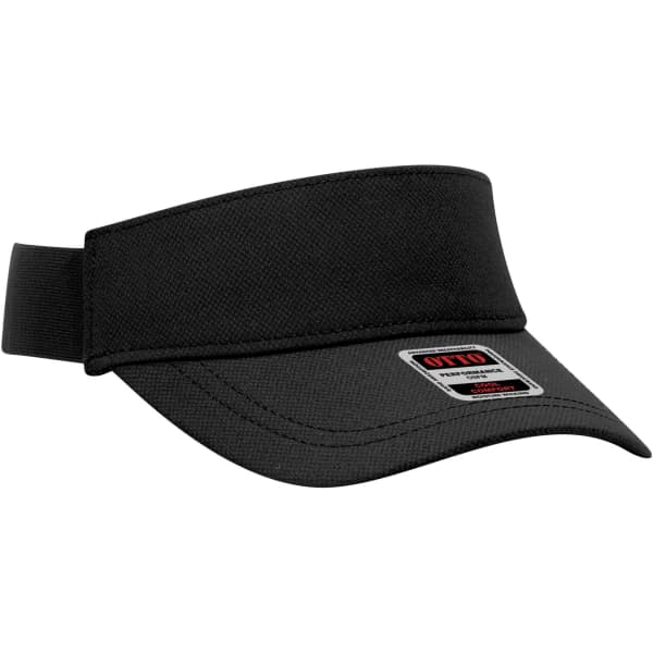 A black sun visor with a wide brim and an adjustable band, featuring a logo on the front.