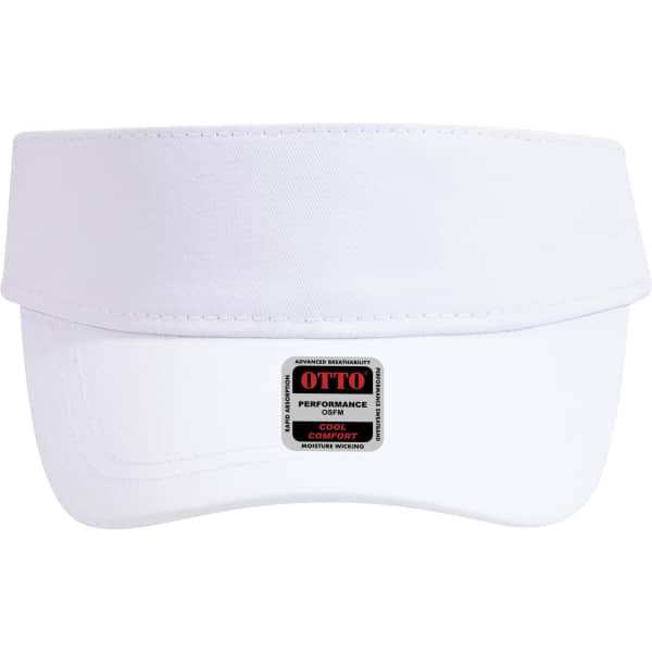 A white sun visor featuring a wide brim and a logo on the front. It is designed for sun protection.