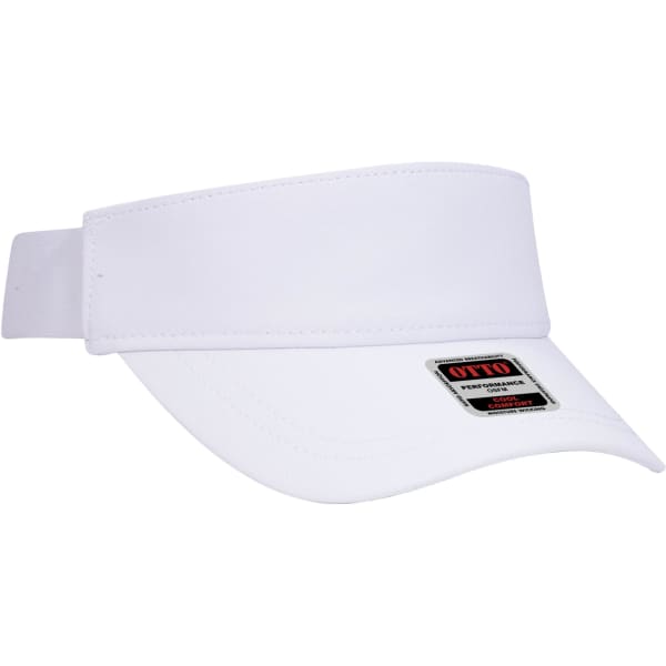 A white UPF 50+ sun visor with a wide brim and an adjustable strap, featuring a logo on the side.
