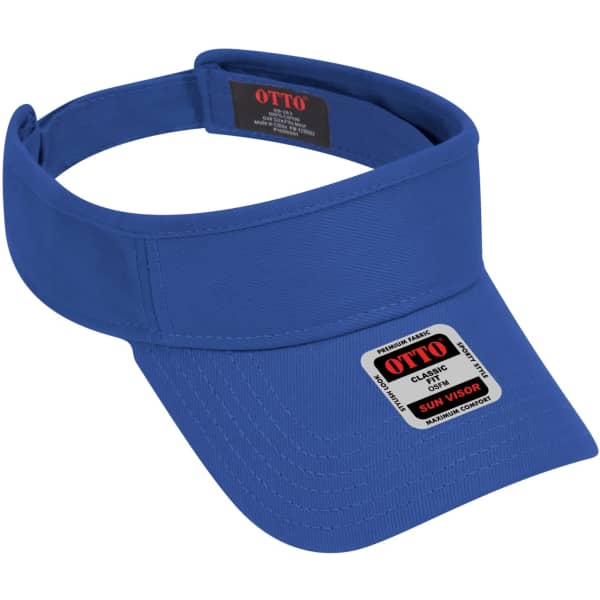 A blue sun visor with a wide brim and a logo. The visor features a comfortable fabric design.