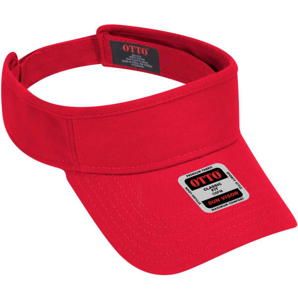 A red sun visor with a wide brim and an adjustable strap, featuring a logo on the side.