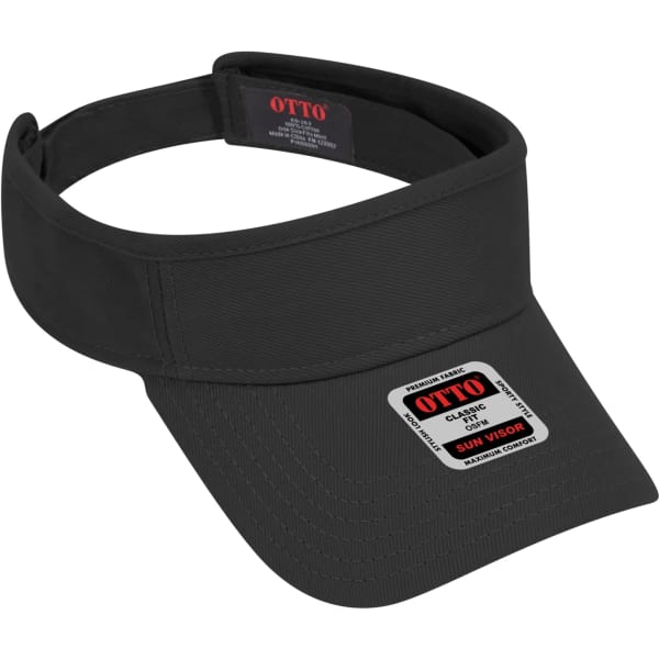 A black sun visor with a wide brim and an adjustable strap. It features a logo on the front.