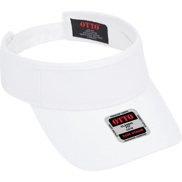 A white sun visor featuring a wide brim and a logo on the band. The visor is made from premium fabric.