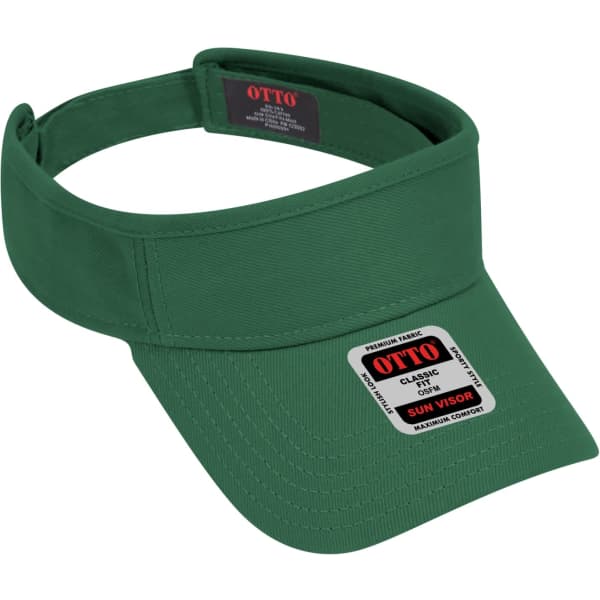 A green sun visor with a wide brim and an adjustable strap, featuring a logo on the side.