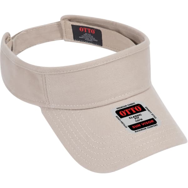 A beige sun visor featuring a wide brim and an adjustable strap. It includes a branding label.