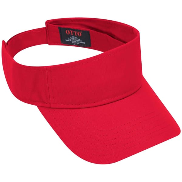 A red sun visor with a wide brim and adjustable strap, featuring a logo on the side.