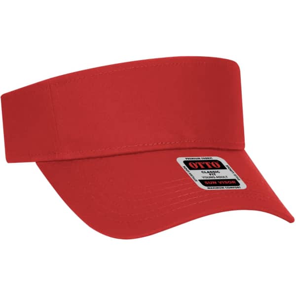 A red sun visor with a wide brim and a logo. The design features a stiff front panel and adjustable strap.