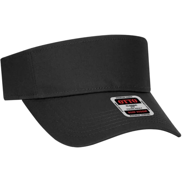 A black sun visor with a wide brim and a logo tag on the side.