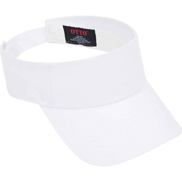A white sun visor with a wide brim and adjustable band, featuring a logo on the inner side.