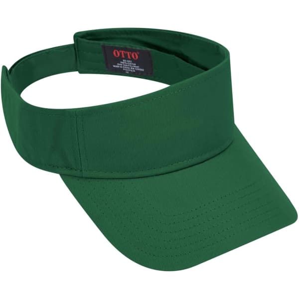 A green sun visor with a wide brim and an adjustable band, featuring a logo on the inner side.
