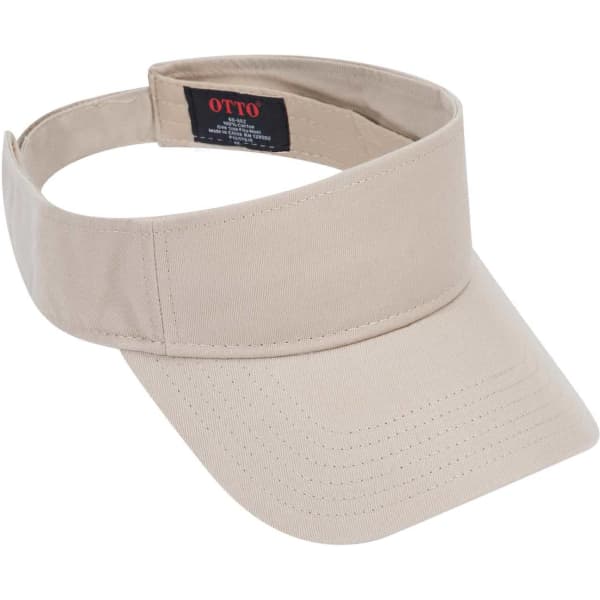 A beige sun visor with a wide brim and an adjustable strap at the back. It includes a small logo tag.