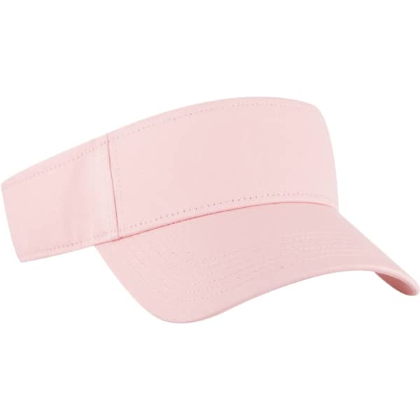 A pink sun visor featuring a wide brim and an adjustable band. Includes a logo on the band.