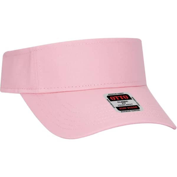 A pink sun visor with a wide brim and a branding label on the front.