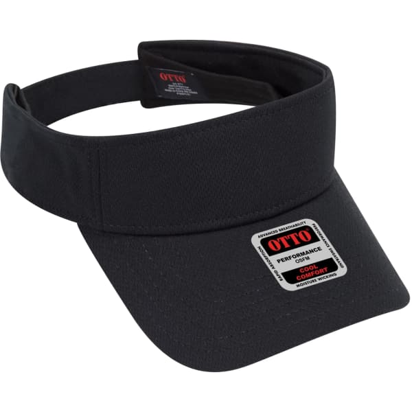 A black sun visor with a wide brim and an adjustable band, featuring a logo and branding label.