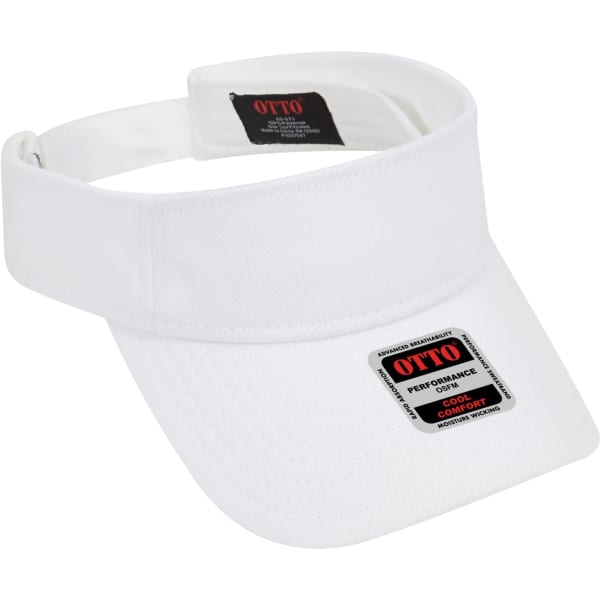 A white sun visor with a wide brim and adjustable strap. It features a logo and product label.