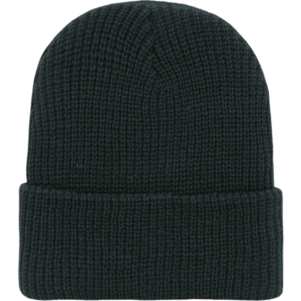 A dark green knit beanie with a folded cuff, featuring a simple design and no visible logo.