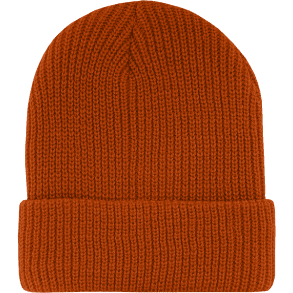 An orange knitted beanie cap with a folded cuff and a textured pattern.