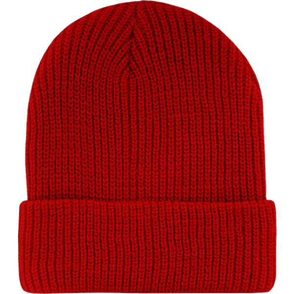 A red knit beanie with a folded cuff, featuring a brand logo.