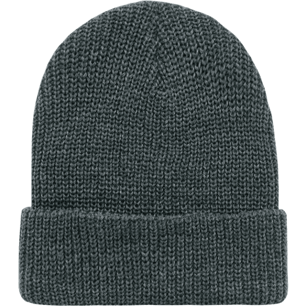 A grey knitted beanie with a folded brim, featuring a textured pattern and no visible logos.