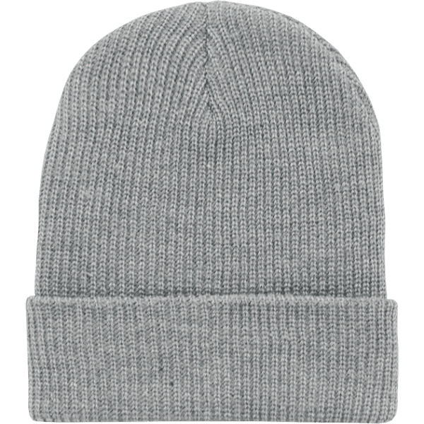 A grey knitted watch cap featuring a folded cuff, made from soft fabric. It has a simple design and includes a logo.