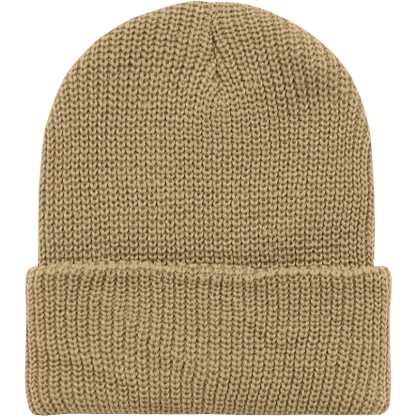 A knitted watch cap in a light brown colour, featuring a rolled cuff design. It has a simple logo on it.